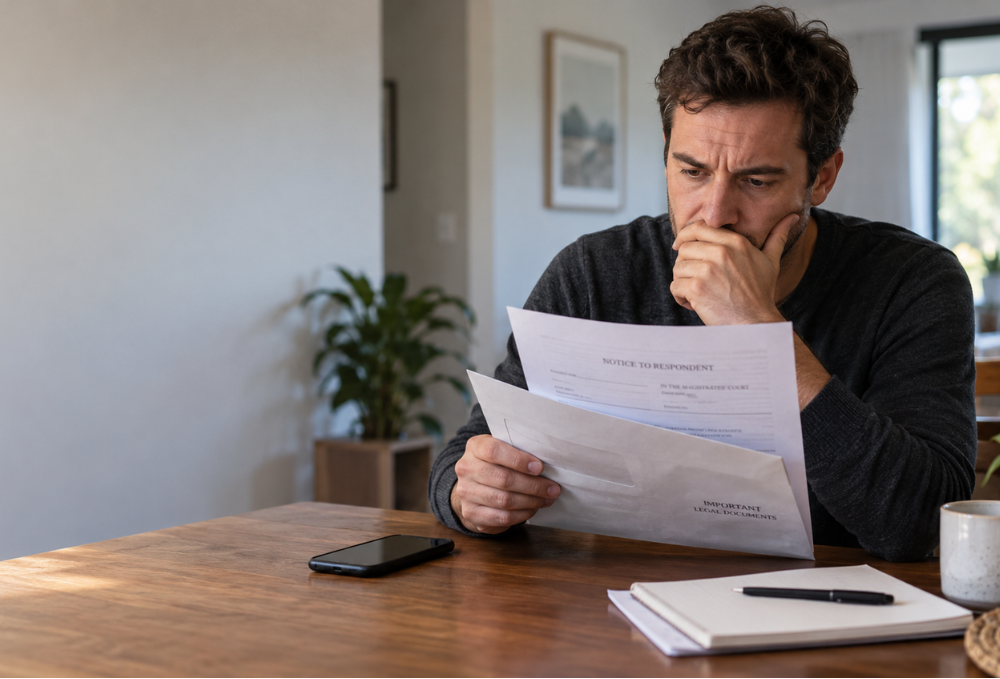 Clean shaven man sat at table reading alegal letter and looking concerned